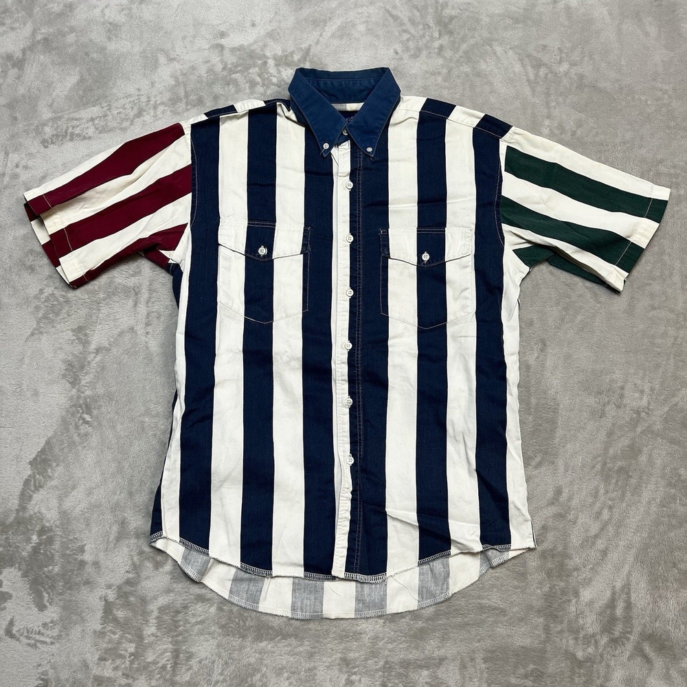 Wrangler Mens Size 16 Striped Colorblock Short Sleeve Button Down Shirt Vintage
